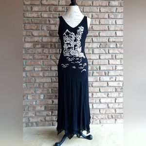 Sue Wong Black 100% Silk Sleeveless Retro Embroidered Asia Motif Dress.